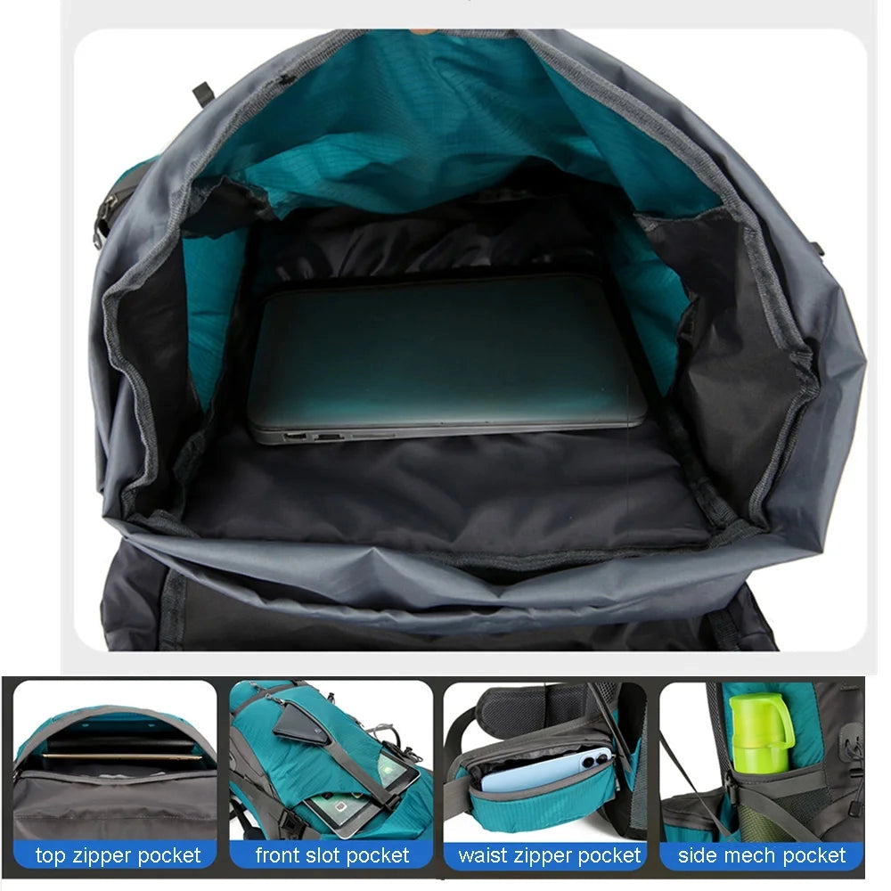 Blue waterproof hiking backpack with a 60-liter capacity, featuring a rain cover.