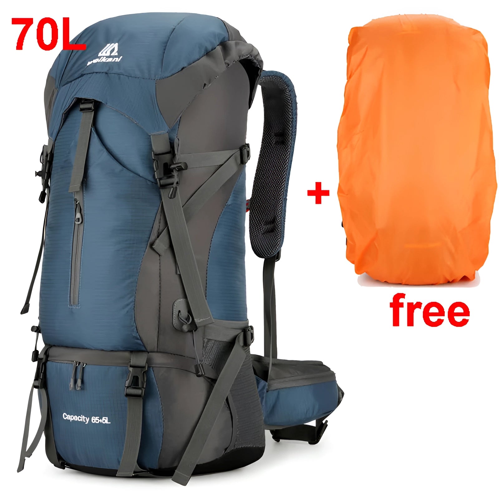 70L navy waterproof hiking backpack featuring a rain cover, designed for travel and outdoor activities.