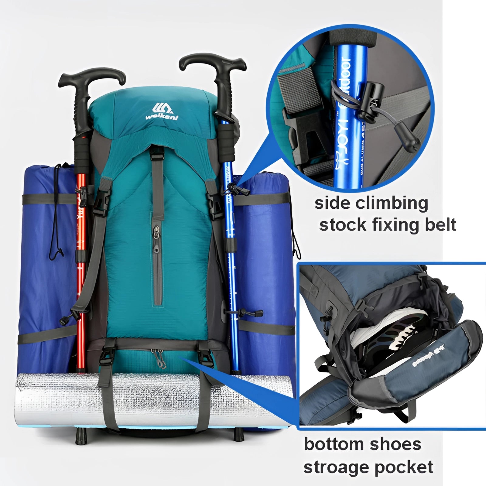 A blue 60L waterproof hiking backpack with a rain cover, designed for travel and outdoor recreation.