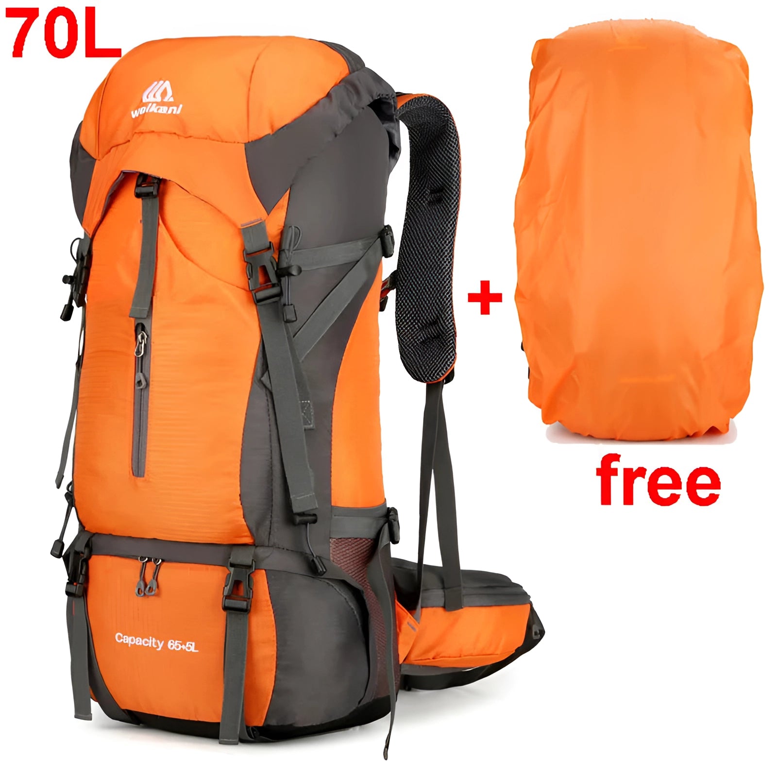 Orange 70L waterproof hiking backpack with rain cover, suitable for travel and outdoor adventures.