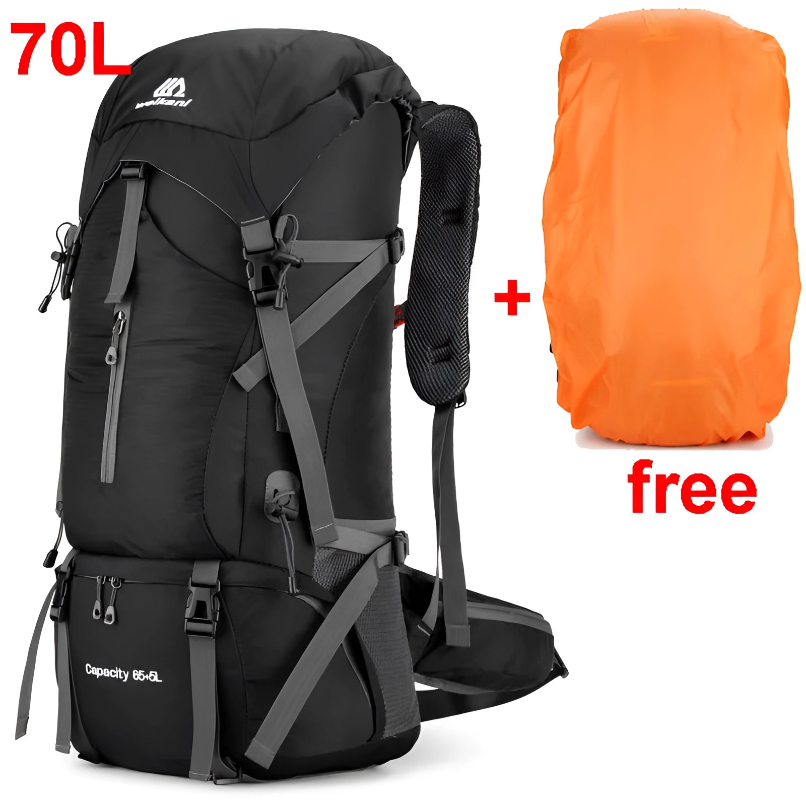 60L waterproof blue hiking backpack with rain cover, designed for travel and outdoor activities.