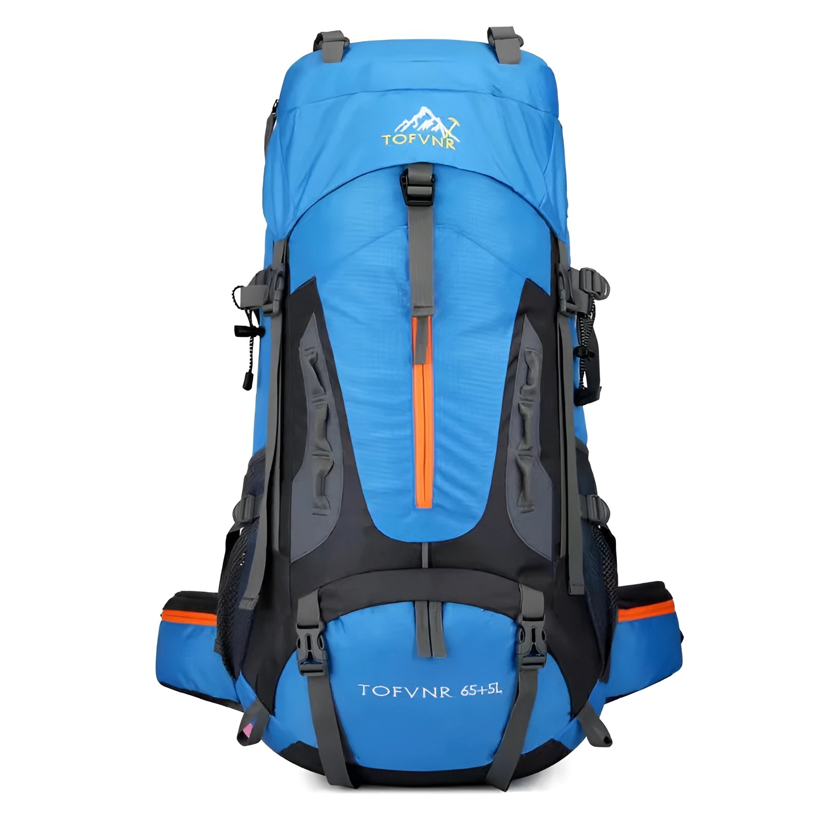 Blue waterproof hiking backpack with a 65-liter capacity, featuring adjustable straps and multiple compartments, ideal for outdoor adventures.