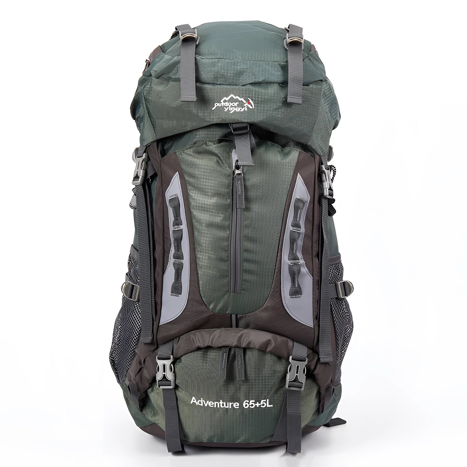 A durable Army Green hiking backpack with adjustable straps and a capacity range of 40L to 70L, designed for outdoor activities and featuring waterproof material.