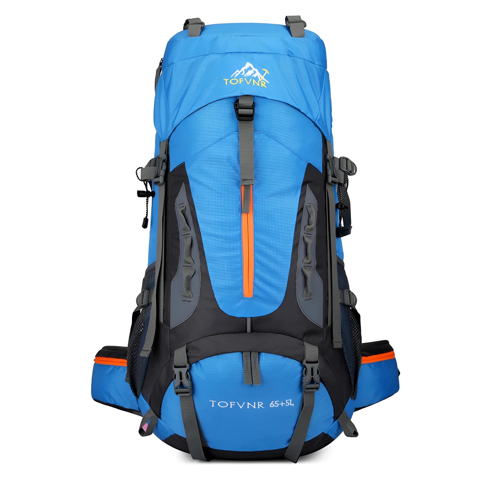 Sky blue Tofine waterproof hiking backpack with adjustable straps, designed for a capacity of 65L to 70L, featuring a durable build suitable for outdoor recreation.