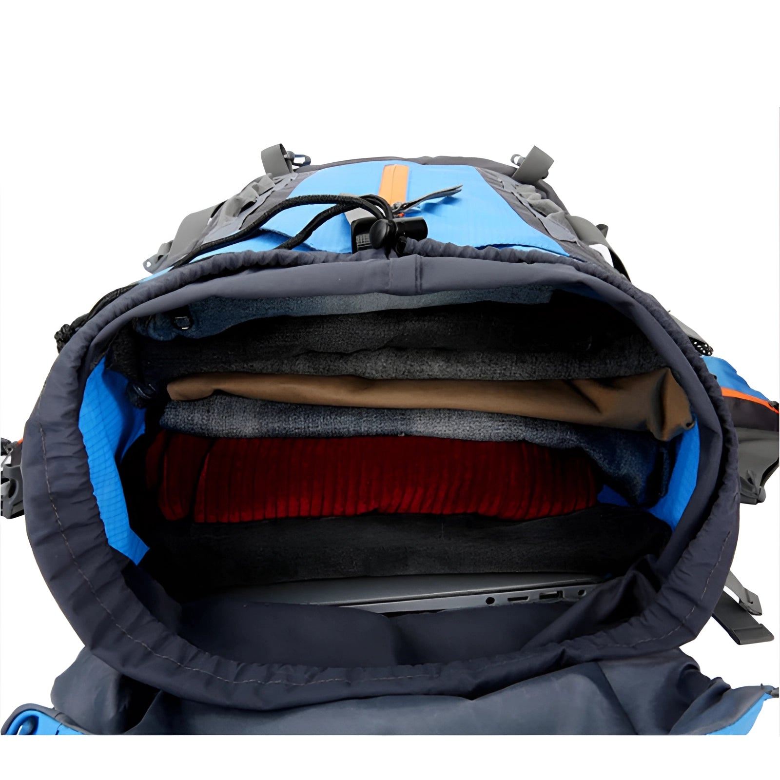 Blue waterproof hiking backpack with a 65-liter capacity, featuring adjustable straps, designed for outdoor adventures and travel.