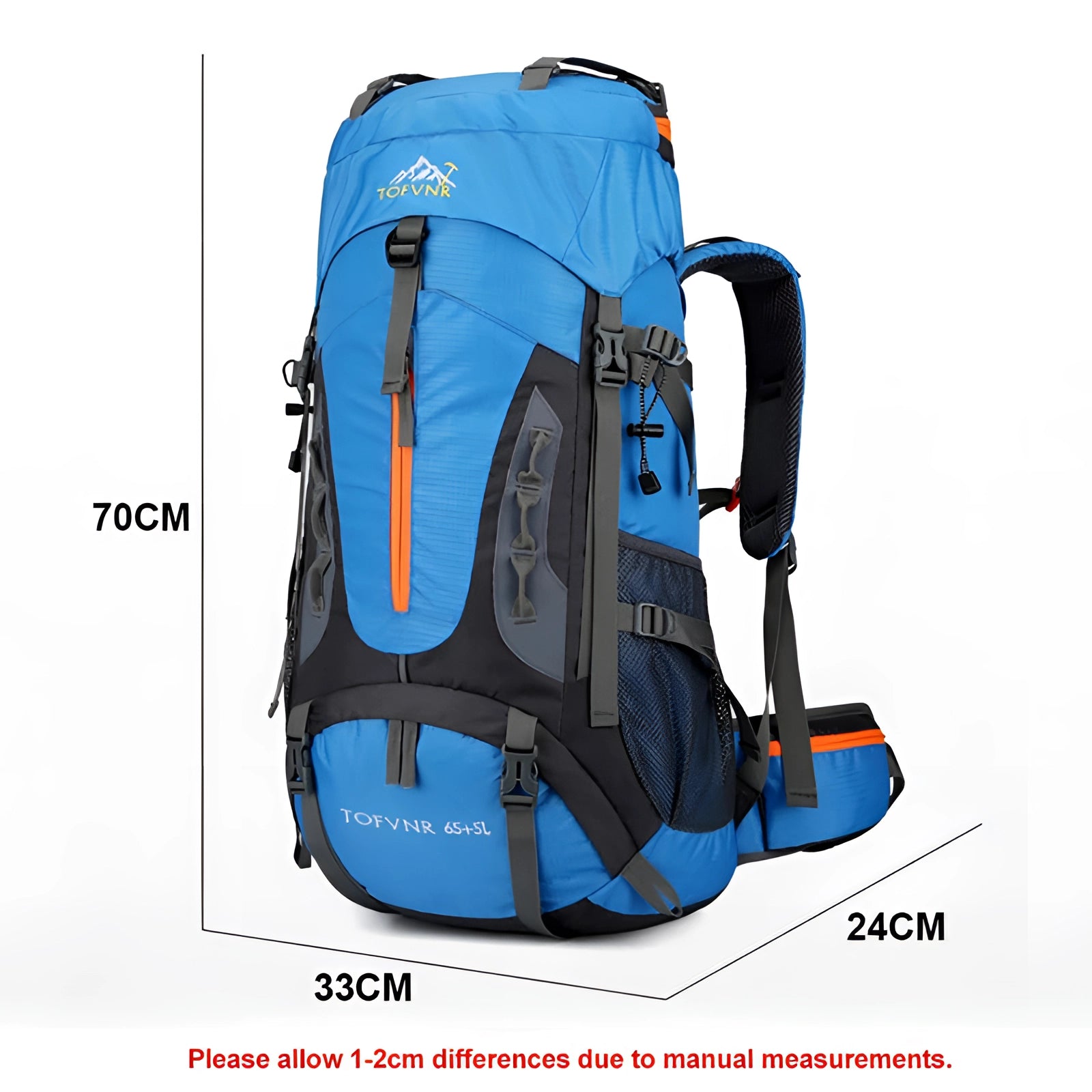 65L Tofine blue waterproof hiking backpack with adjustable straps, featuring an electric blue color, designed for outdoor travel and adventure.