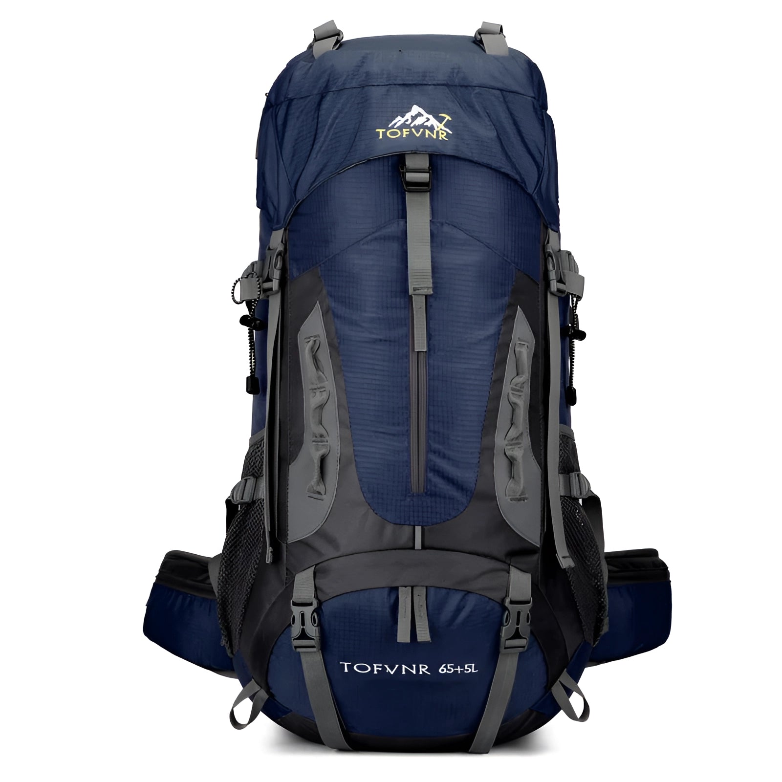 65L Tofine blue waterproof hiking backpack with adjustable straps, featuring a spacious design suitable for outdoor adventures, shown in a navy blue color with 70L capacity.