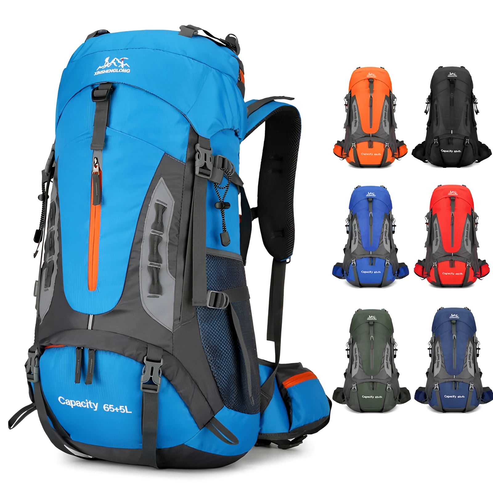 Blue 70L waterproof hiking backpack with multiple compartments, showcasing durable material and electric blue color.