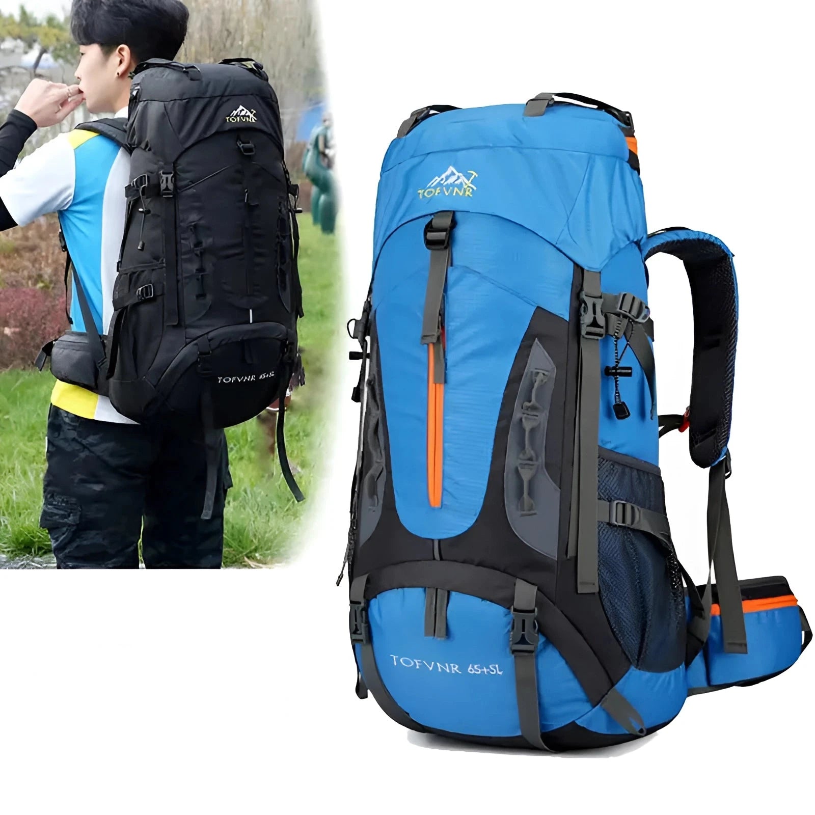 Large 70L electric blue waterproof hiking backpack featuring multiple compartments and ergonomic design, ideal for travel and outdoor recreation.