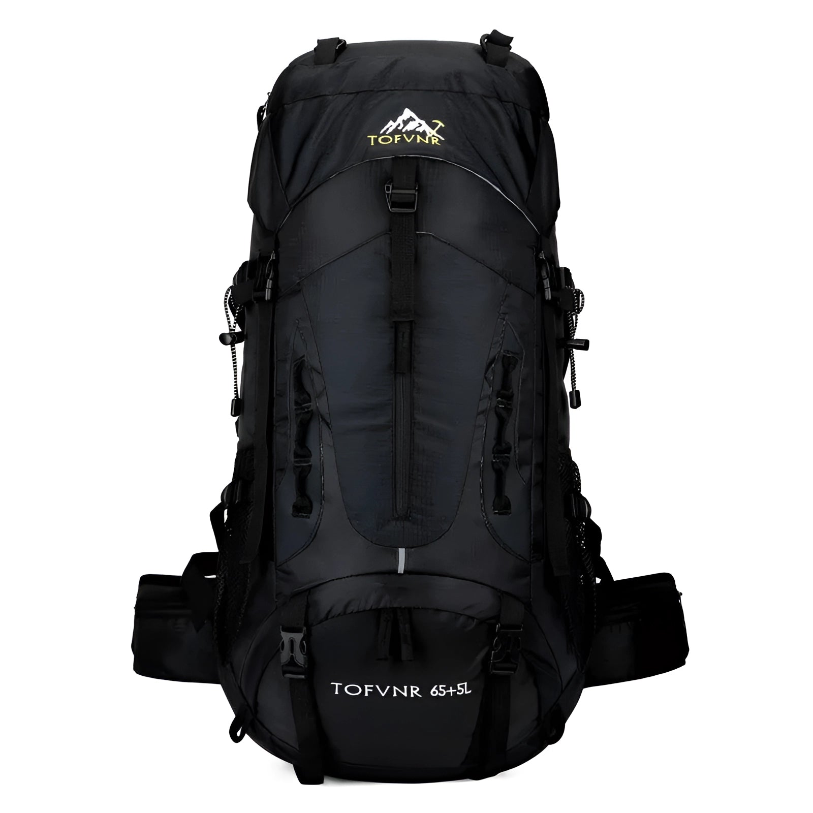 Black 70-liter waterproof hiking backpack with multiple compartments and durable construction, suitable for outdoor adventures.