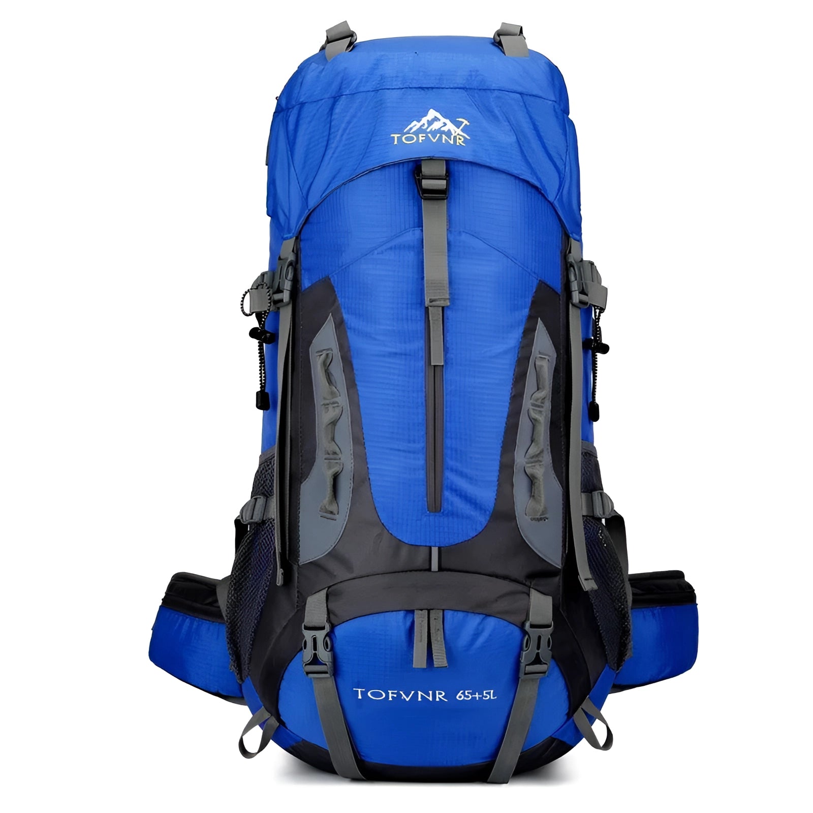 Blue 70-liter waterproof hiking backpack with multiple compartments and ergonomic design, suitable for outdoor sports and travel.