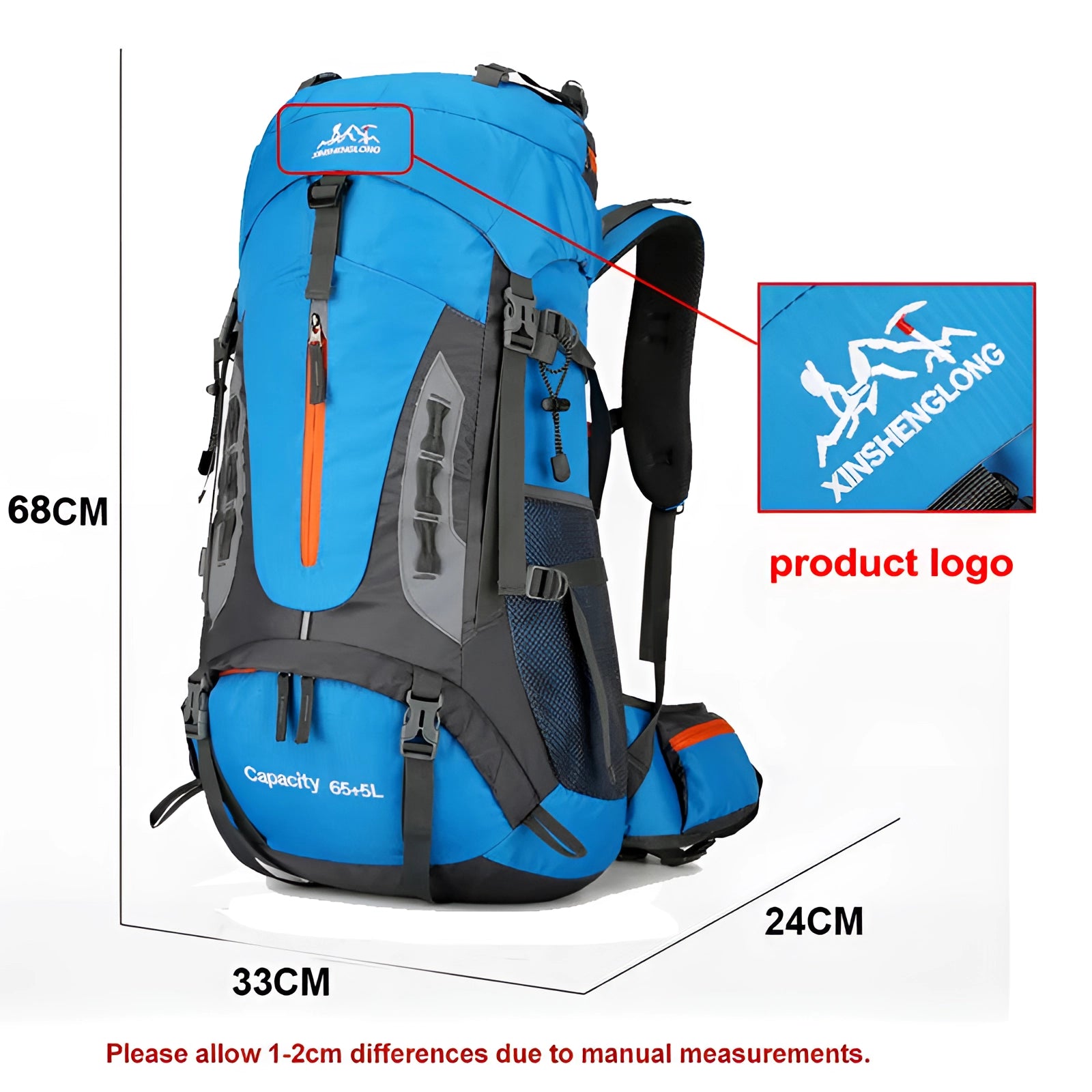 Electric blue 70L waterproof hiking backpack with multiple compartments, designed for durability and outdoor sports activities.