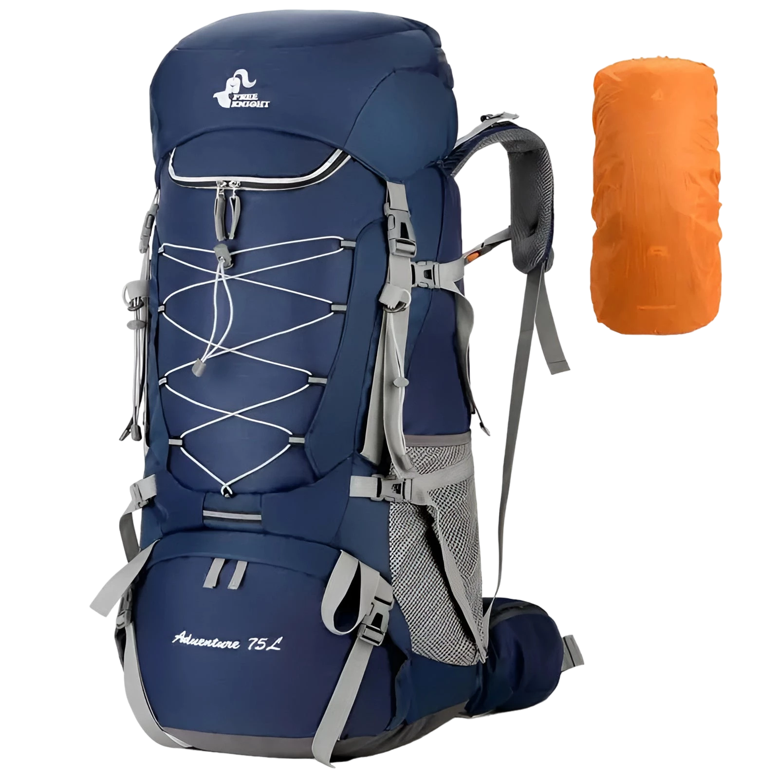 Deep blue 75L waterproof hiking backpack, lightweight with multiple compartments and a rain cover.