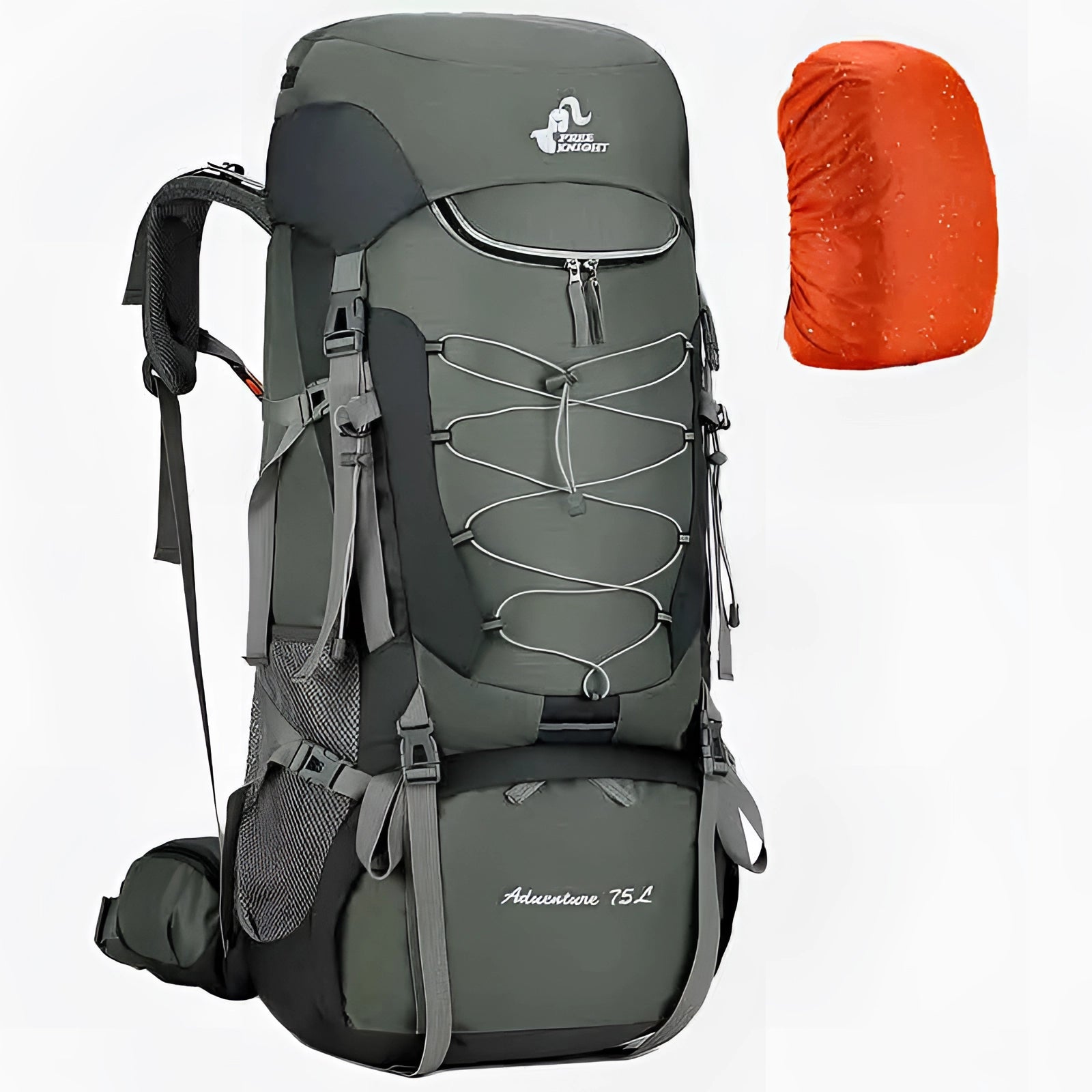 75L waterproof hiking backpack, lightweight, multi-compartment, with rain cover, displayed with various sections showing durability and storage capacity.