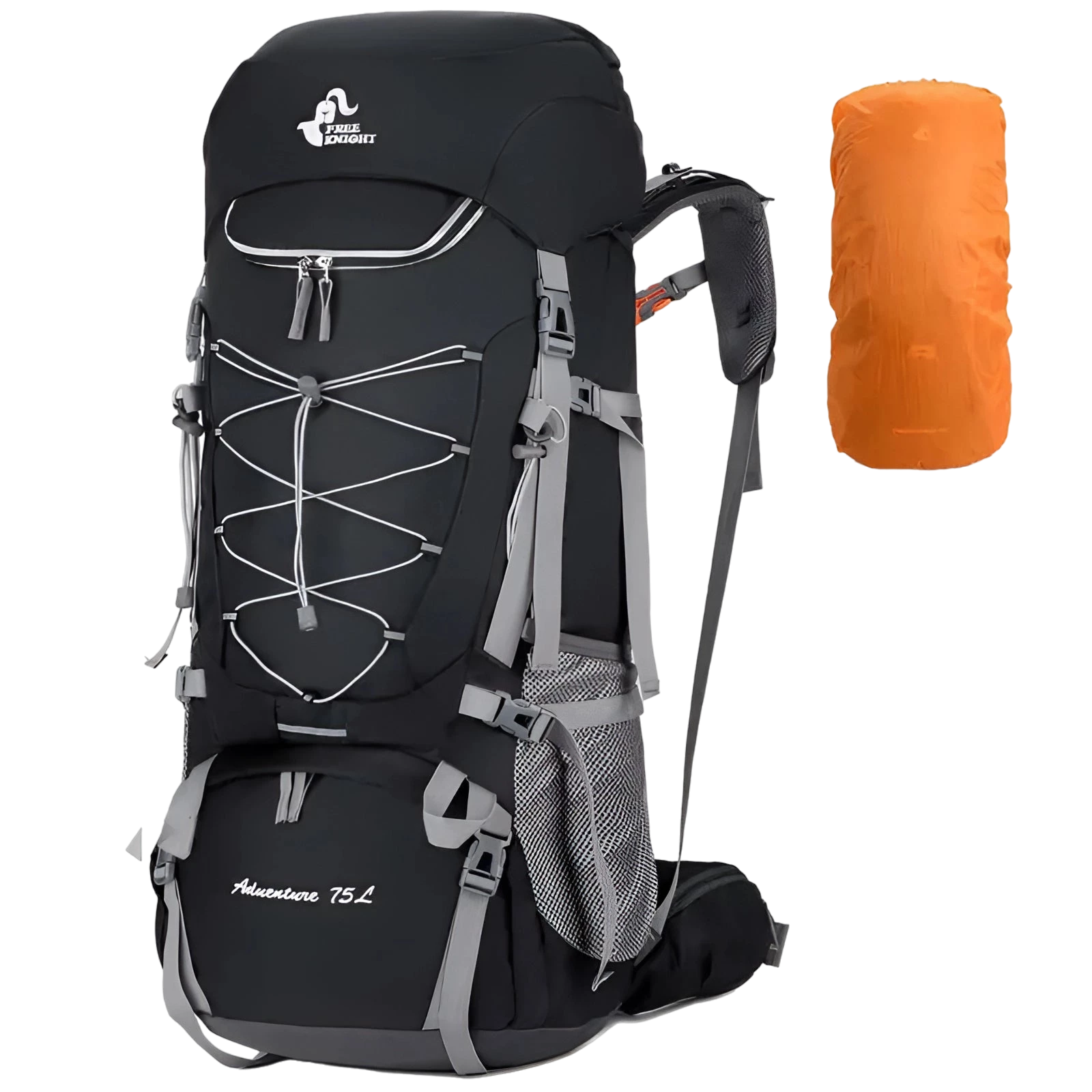 Black 75L waterproof hiking backpack, lightweight, multi-compartment, with rain cover.