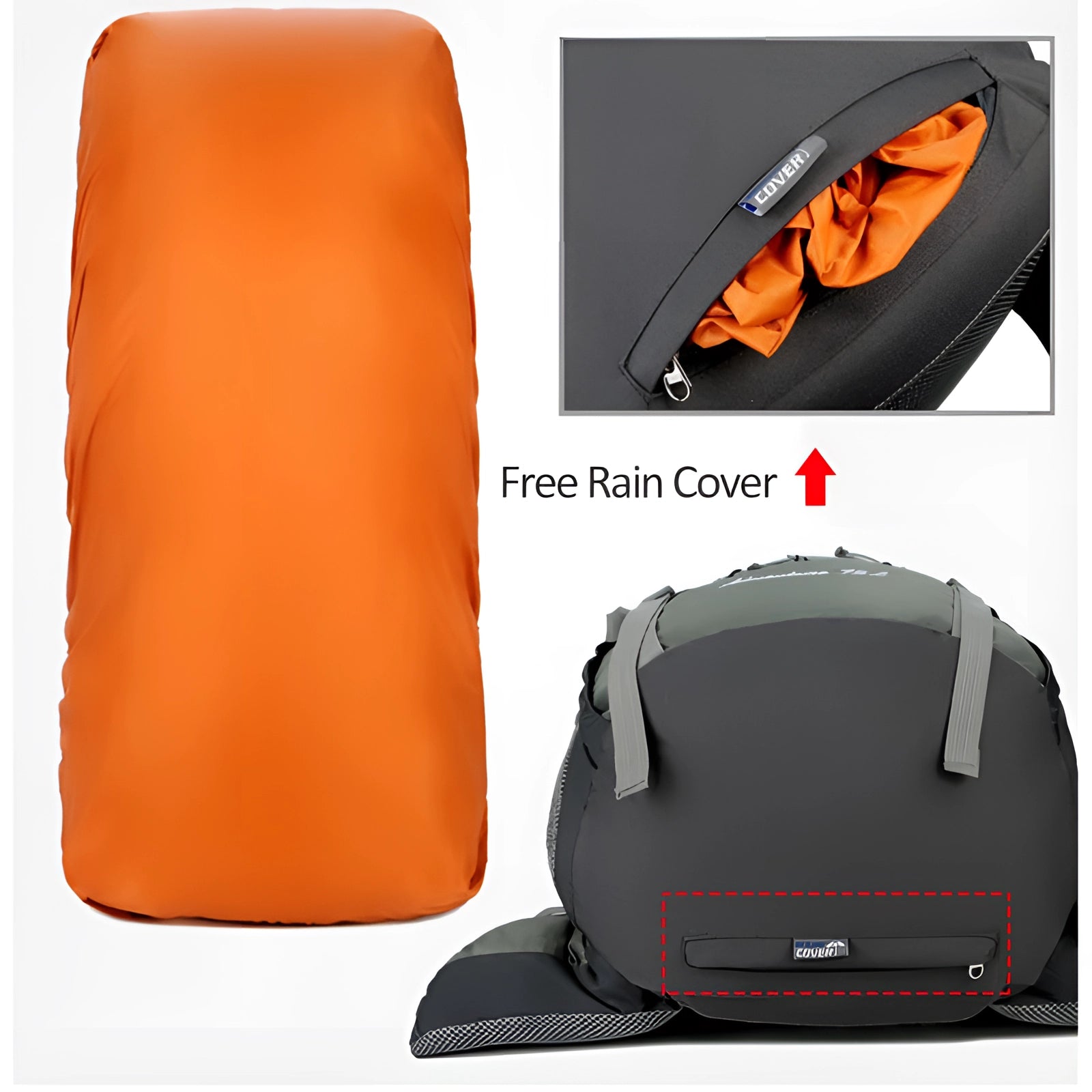 75L orange and red waterproof hiking backpack, lightweight, multi-compartment, with rain cover, displaying brand logo.