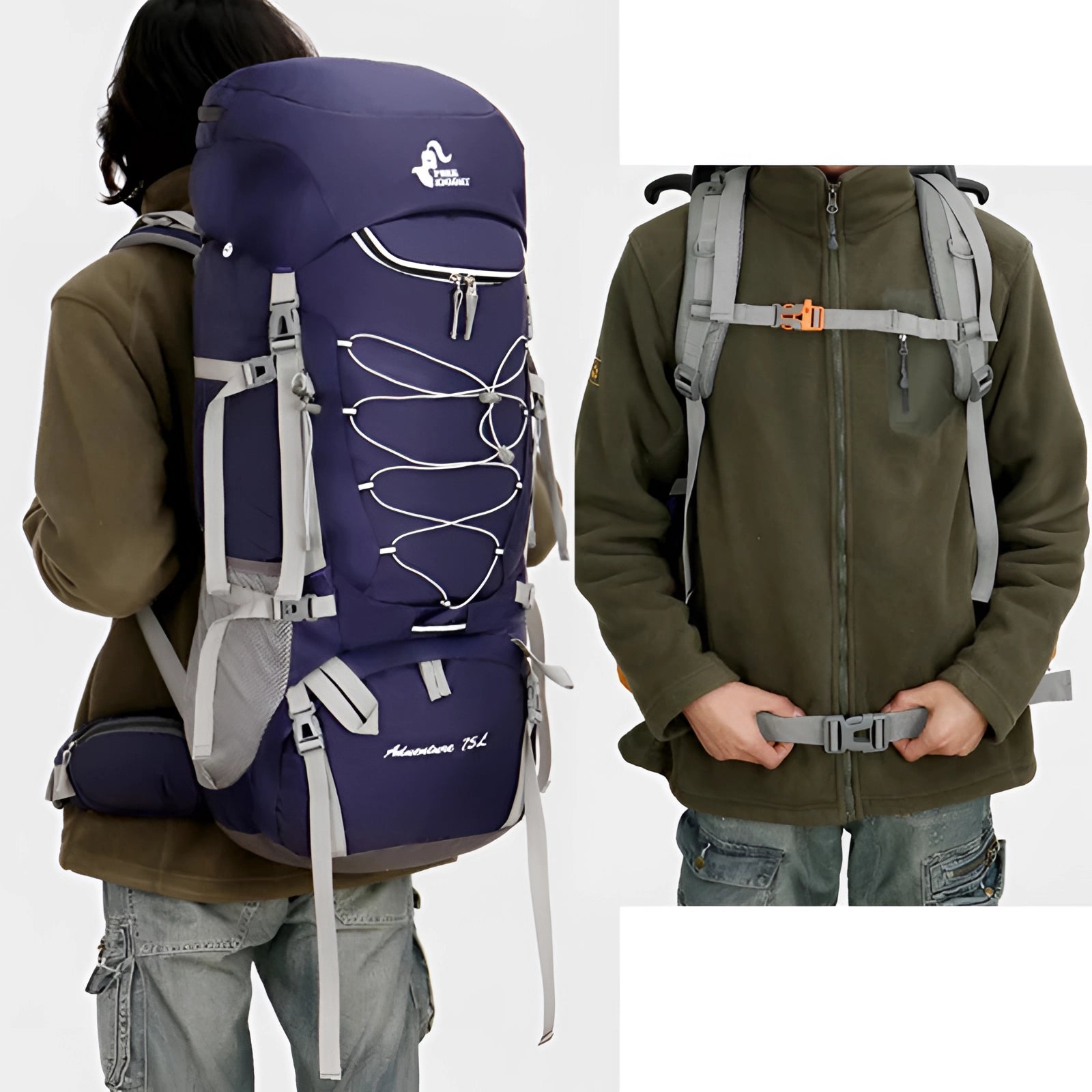 A grey 75L waterproof hiking backpack with multiple compartments, lightweight design, and a rain cover, displayed against a white background.