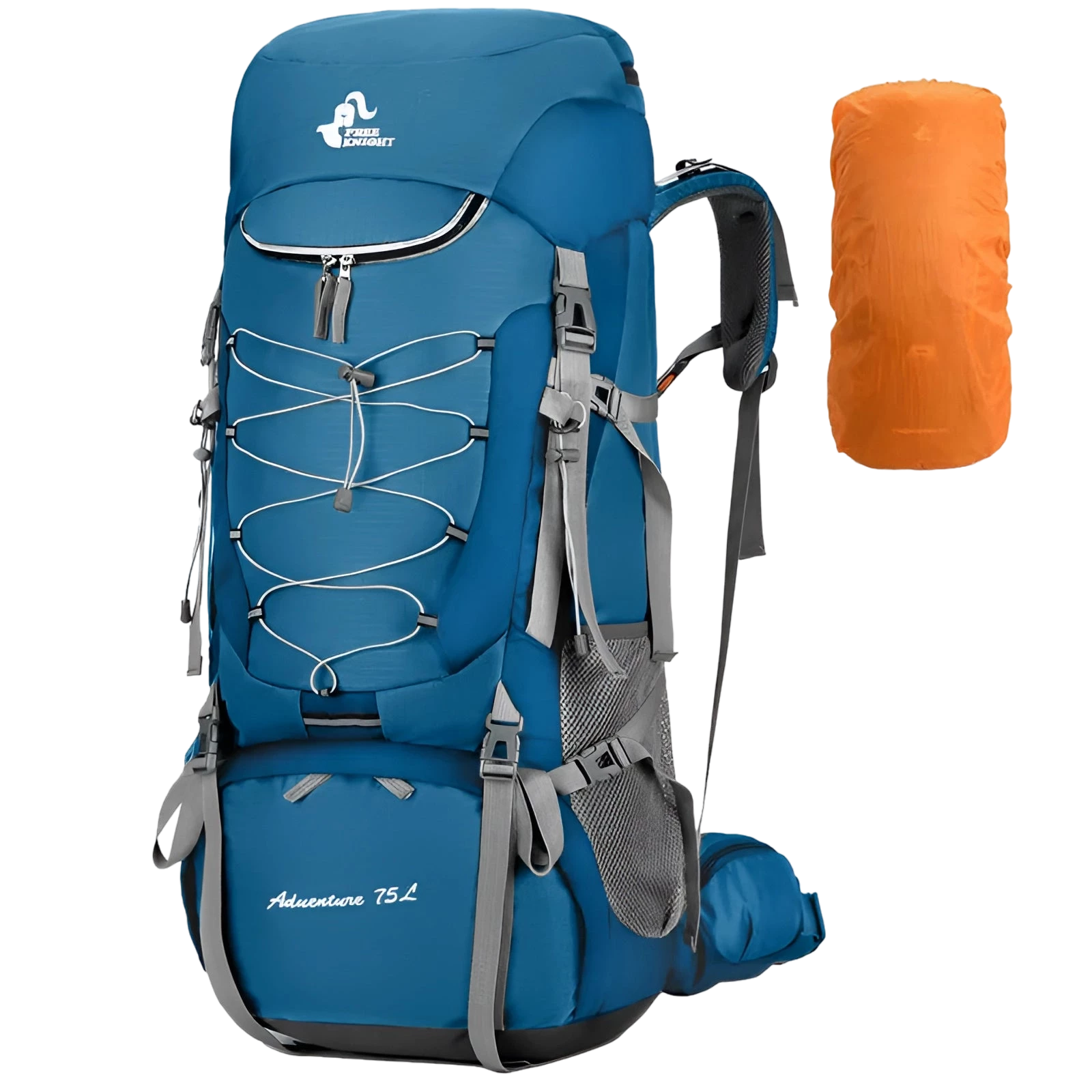 Blue 75L waterproof hiking backpack, lightweight, multi-compartment, with rain cover, labeled Decent Blue.