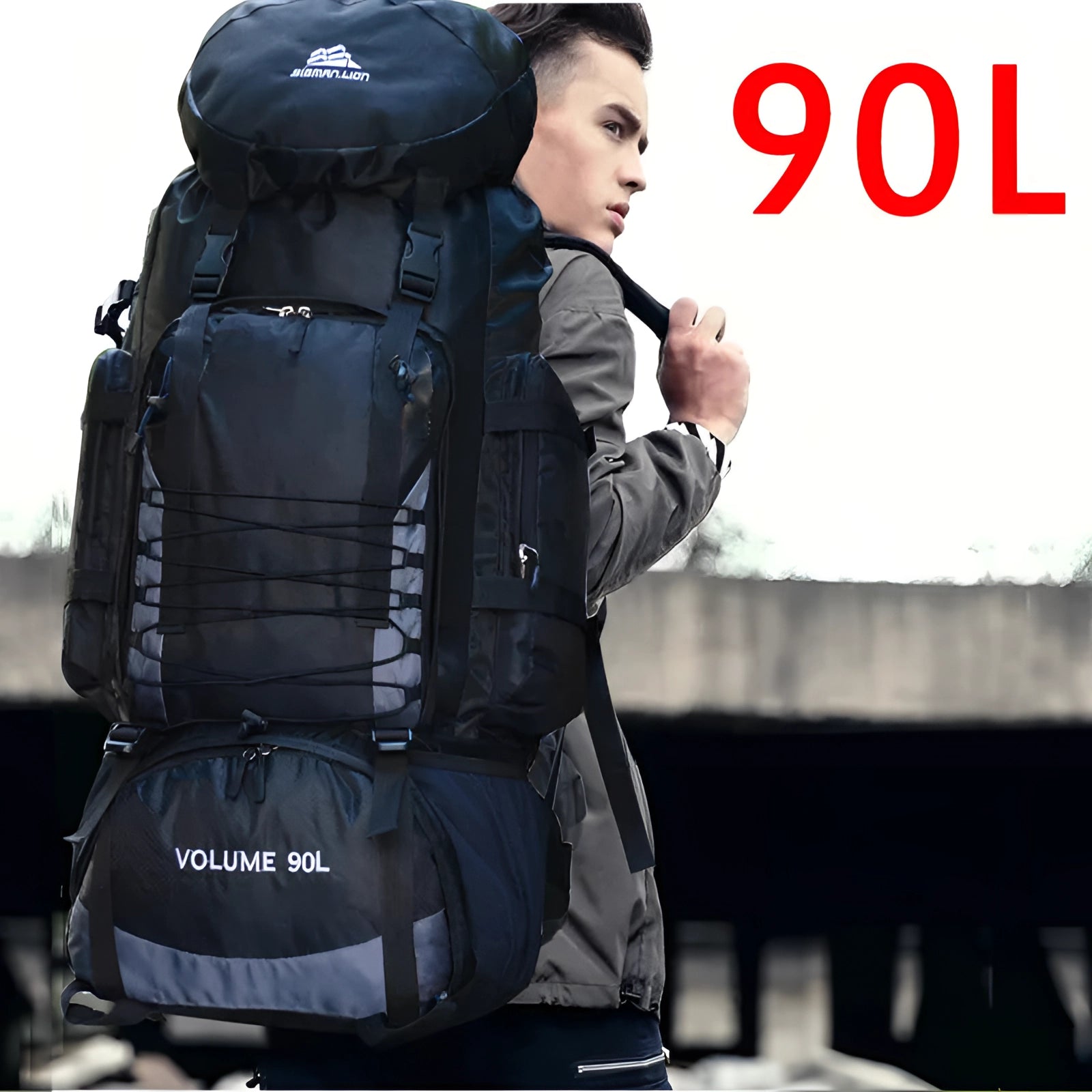 90L large-capacity hiking backpack designed for outdoor use, featuring durable material and expandable compartments, perfect for travel and adventure.