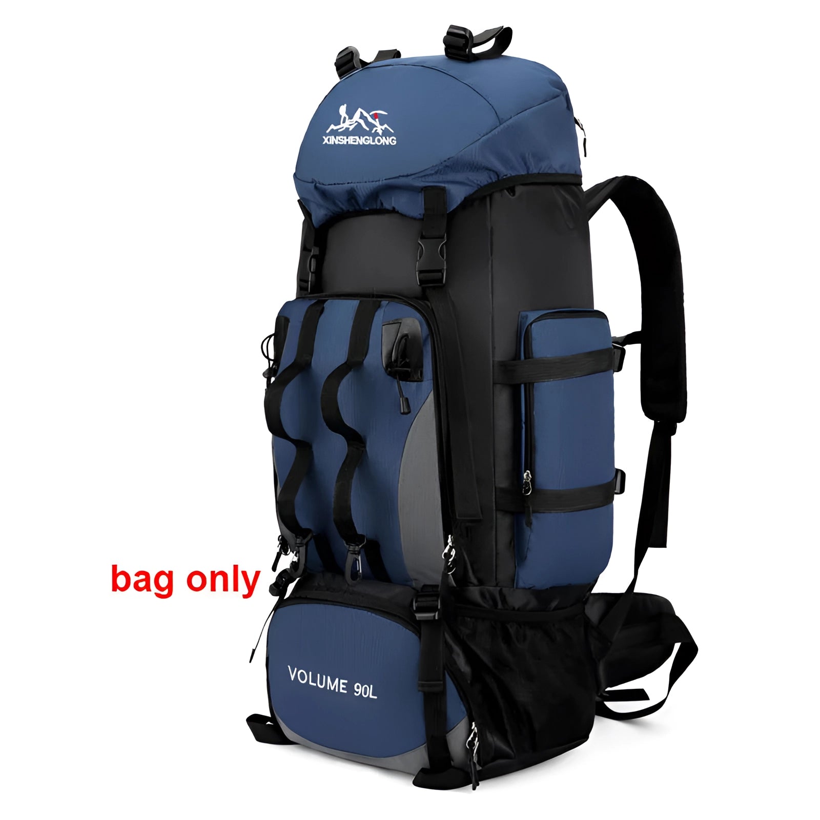 Large deep blue tactical hiking backpack with multiple compartments, military-grade design, and sturdy composite material.