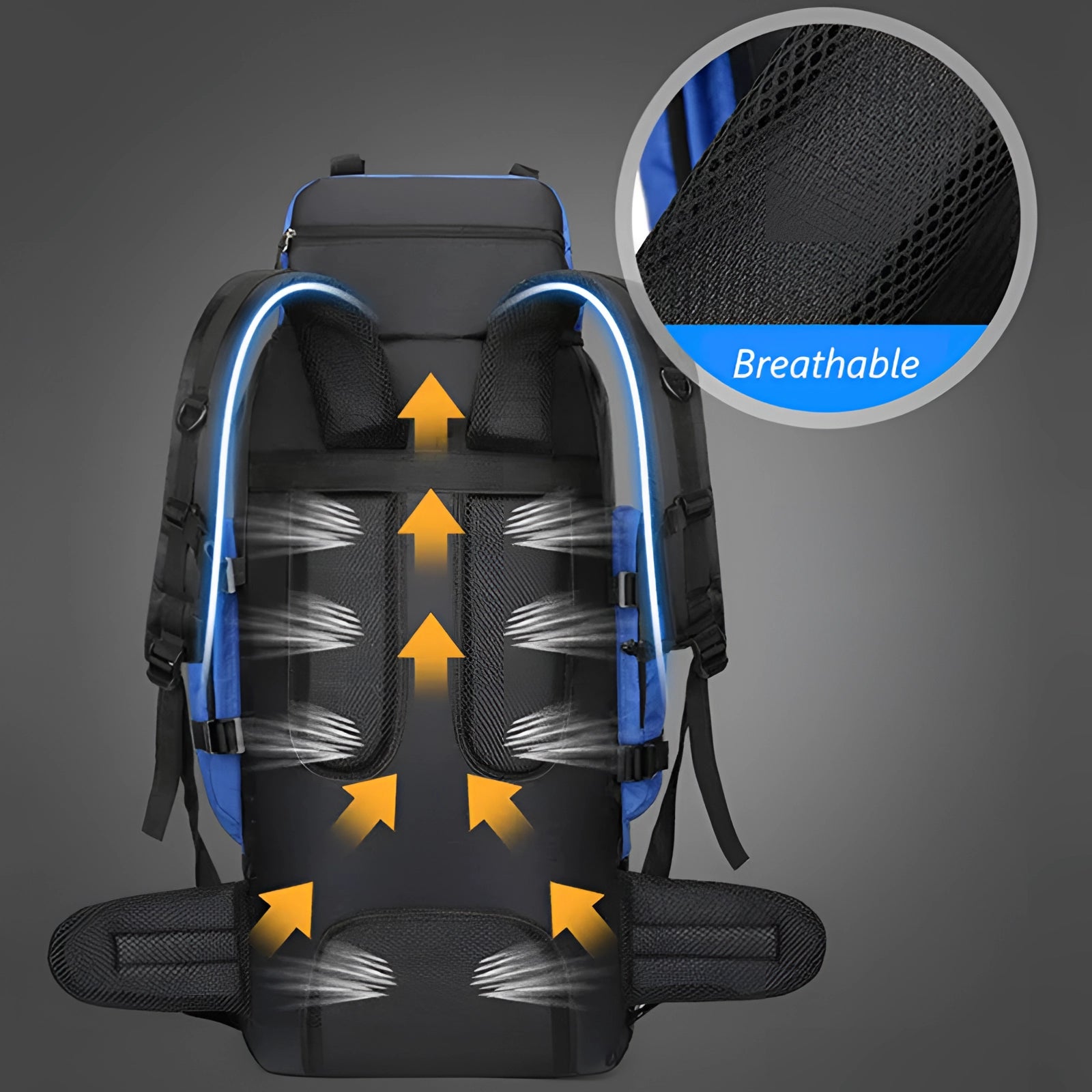 Large tactical hiking backpack with multiple compartments, military-grade design, featuring a durable and rugged appearance in electric blue color.