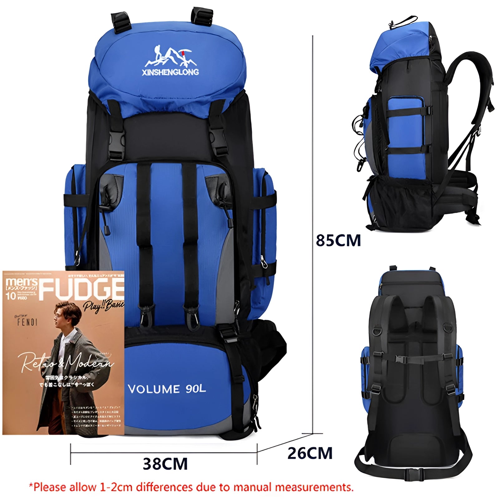 90L large tactical hiking backpack in blue, featuring multiple compartments and military-grade durability, ideal for travel and outdoor adventures.