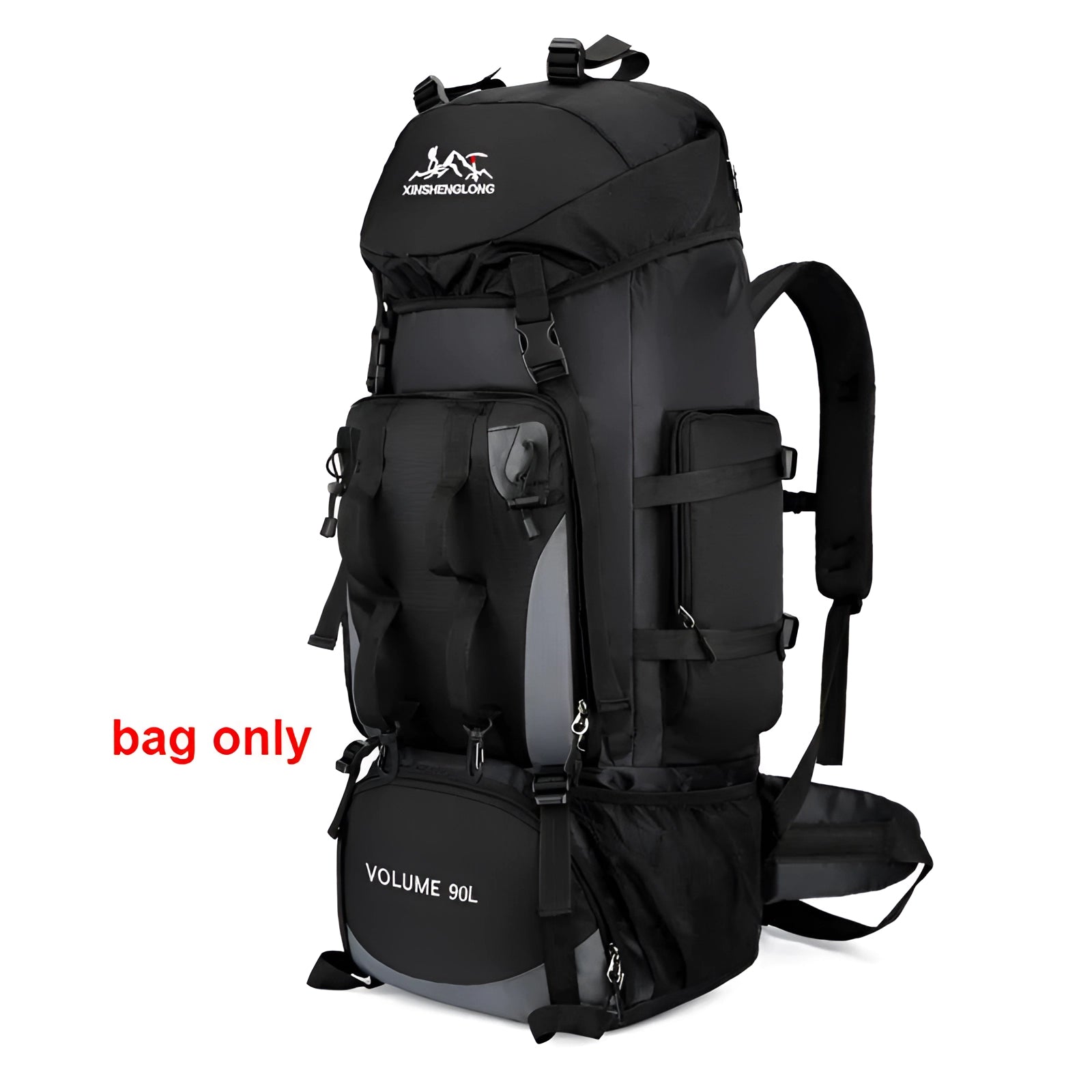 Alt text: Black 90L large tactical hiking backpack, military grade with multiple compartments, designed for outdoor recreation and equipped with durable material.