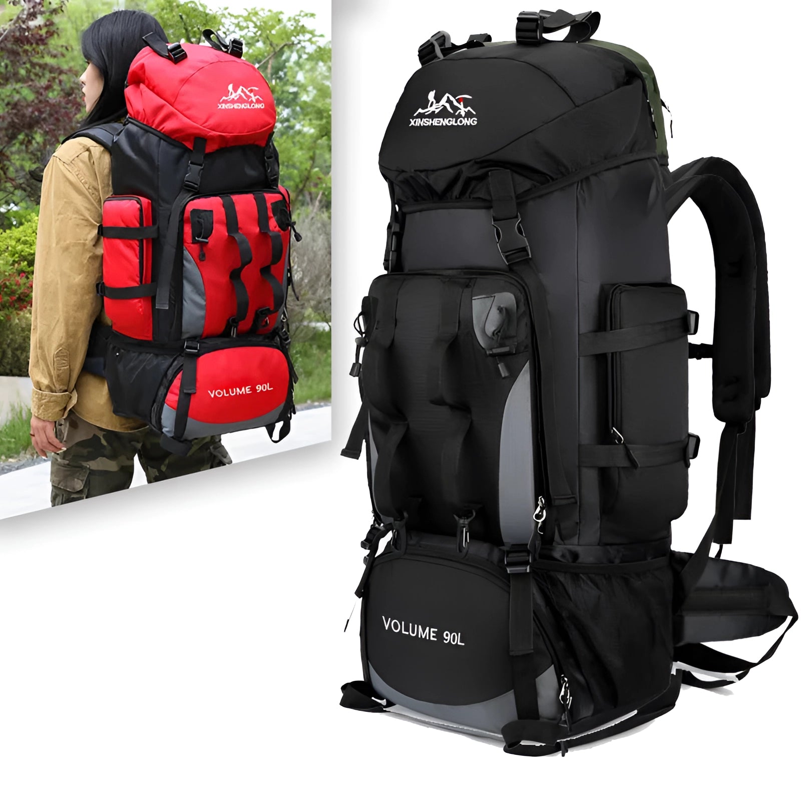 90L large tactical hiking backpack with military-grade materials, featuring multiple compartments and pockets, photographed outdoors against a natural background.