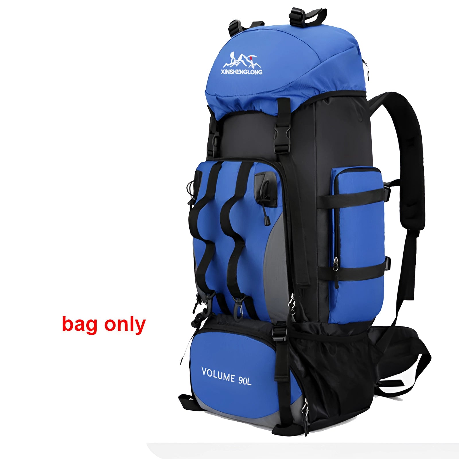 Large 90L blue tactical hiking backpack designed for military-grade durability, featuring multiple compartments and adjustable straps, suitable for travel and outdoor activities.