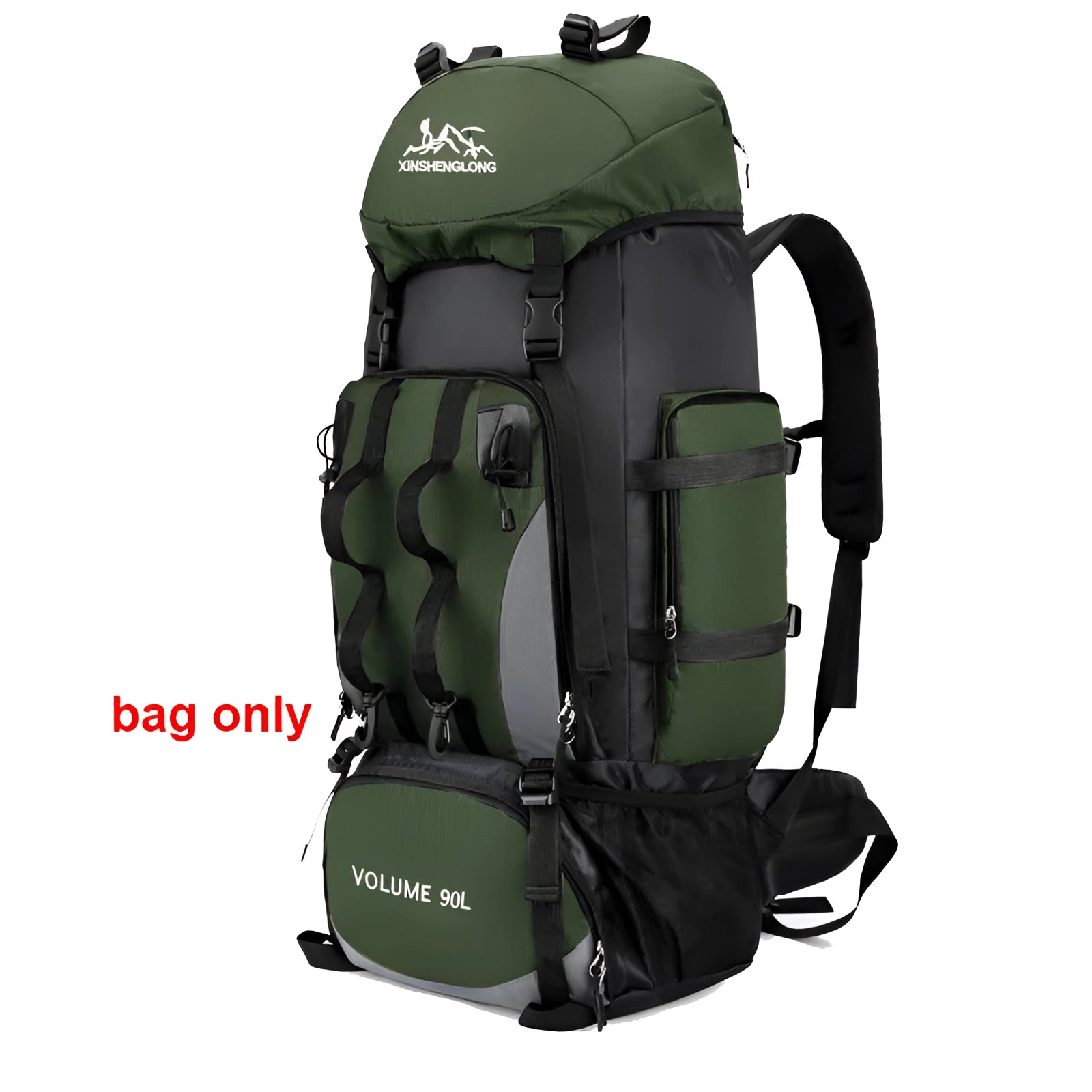 Large army green tactical hiking backpack with multiple compartments, durable straps, and military-grade design, ideal for outdoor adventures.