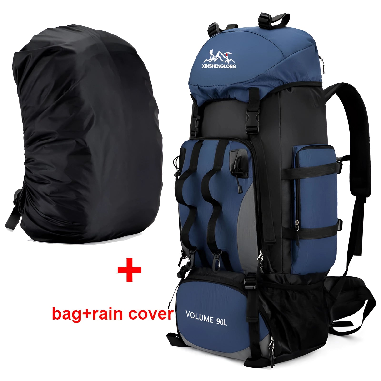 90L large tactical hiking backpack in military grade design, featuring multiple compartments and an electric blue color with a DBU ad cover, suitable for outdoor adventures and carrying sports gear.