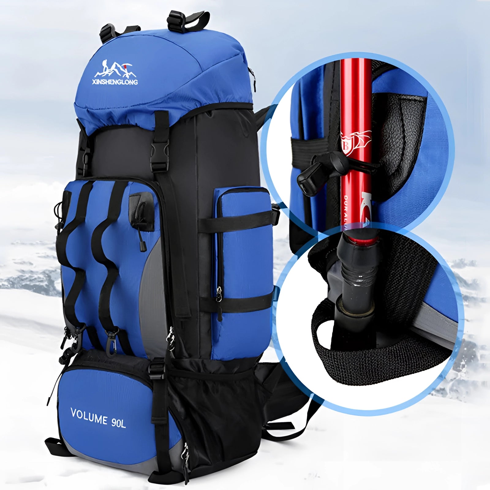 Large tactical hiking backpack with multiple compartments in a military-grade design, featuring an electric blue color and durable straps, suitable for outdoor sports and workwear activities.