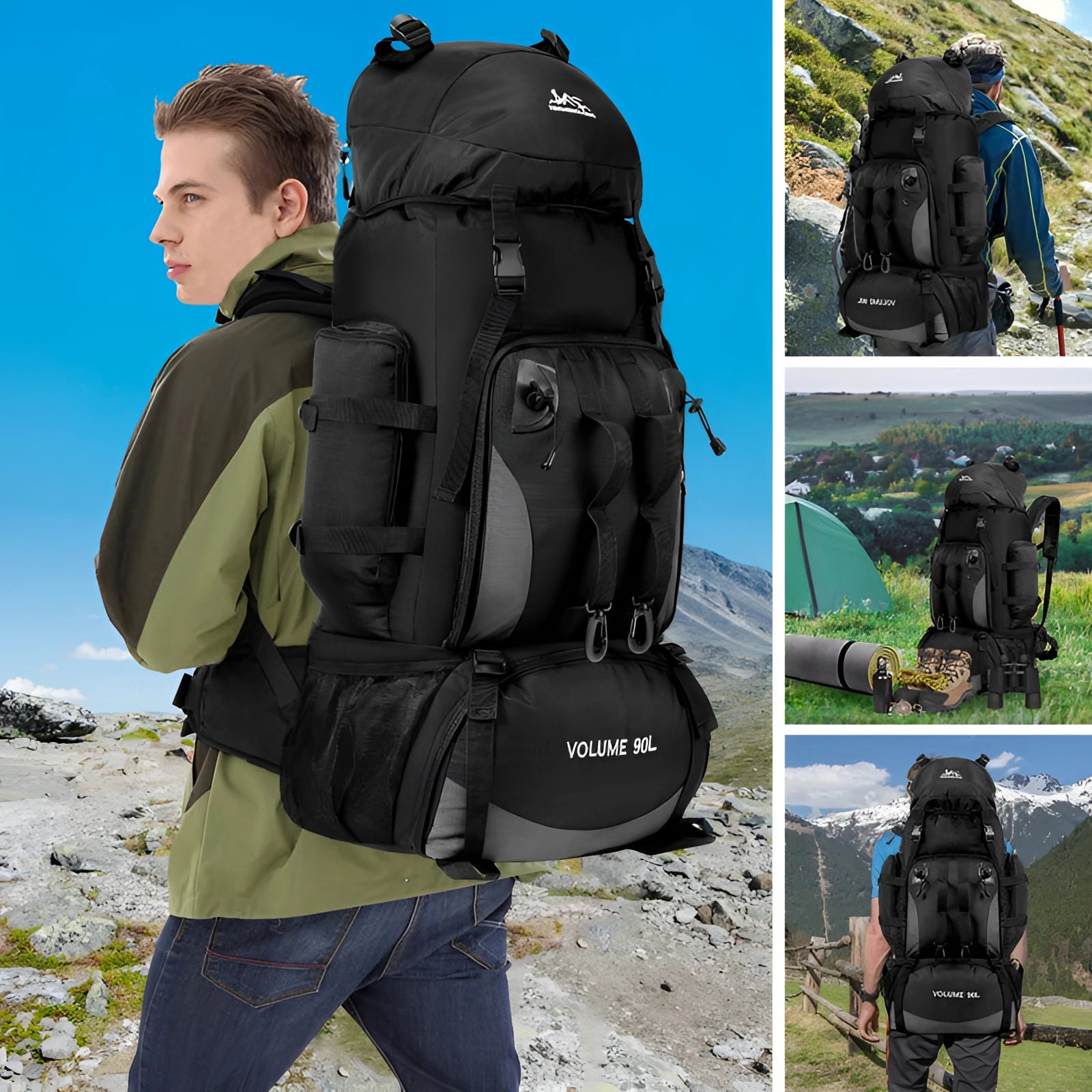 90-liter large tactical hiking backpack in green, featuring multiple compartments, designed for military-grade durability and outdoor travel use.