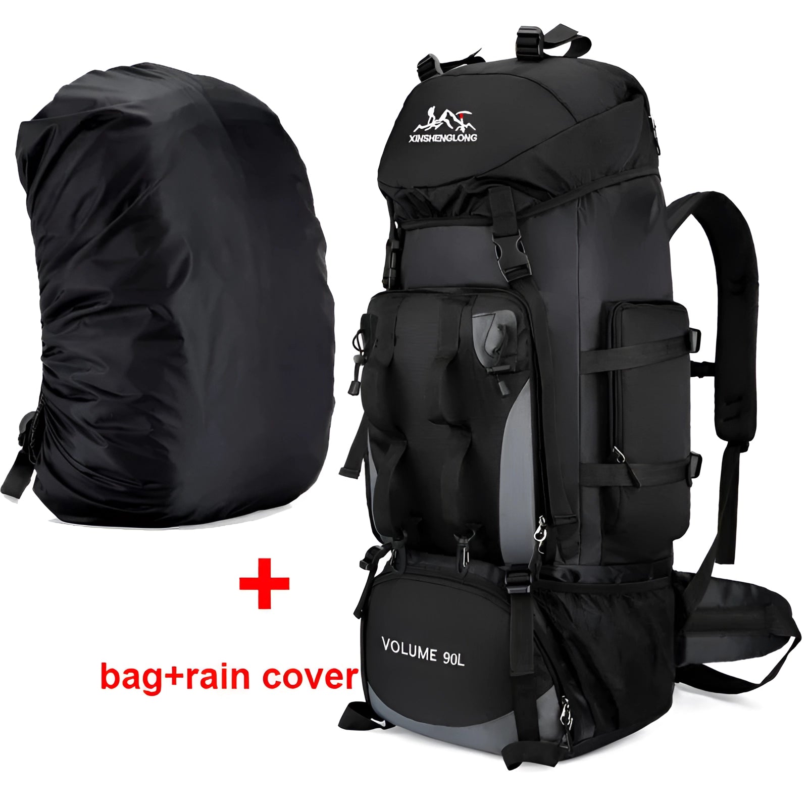 Large black tactical hiking backpack with multiple compartments, military-grade material, and a sturdy design, suitable for outdoor adventures and carrying essential gear.