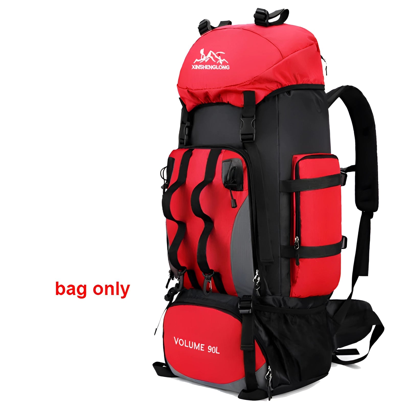 Large red tactical hiking backpack with multiple compartments, military-grade material, suitable for outdoor adventures.