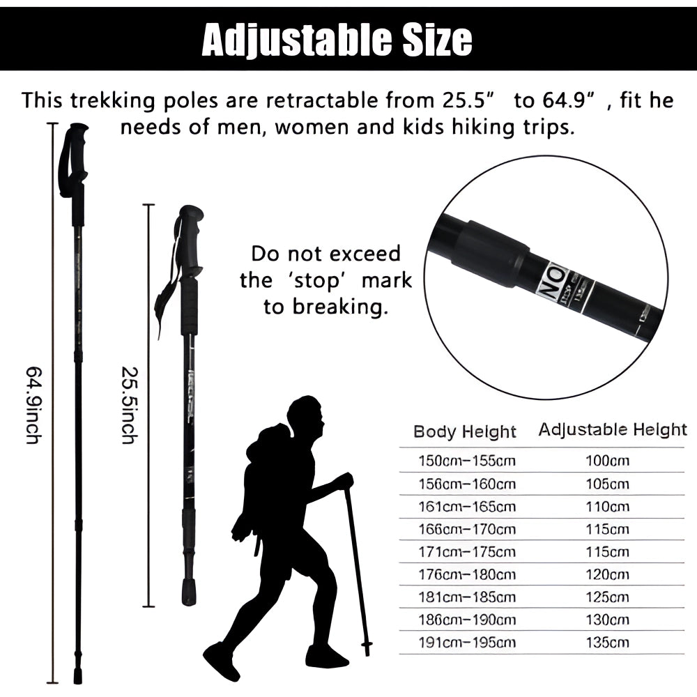 Adjustable Anti-Shock Telescopic Trekking Poles with ergonomic grip and lightweight design, featuring a diagram showing the telescopic adjustment mechanism and anti-shock system.