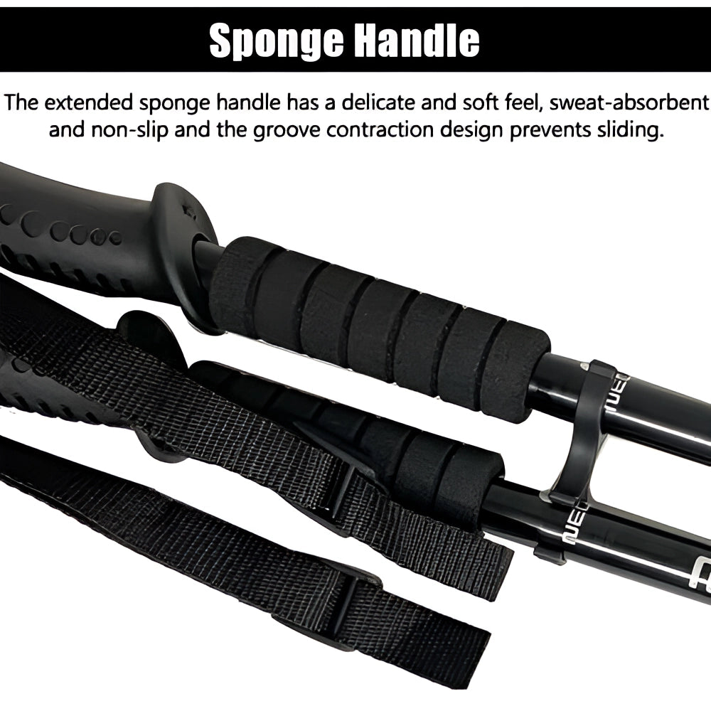 Adjustable anti-shock telescopic trekking poles with ergonomic grips, made from lightweight titanium.