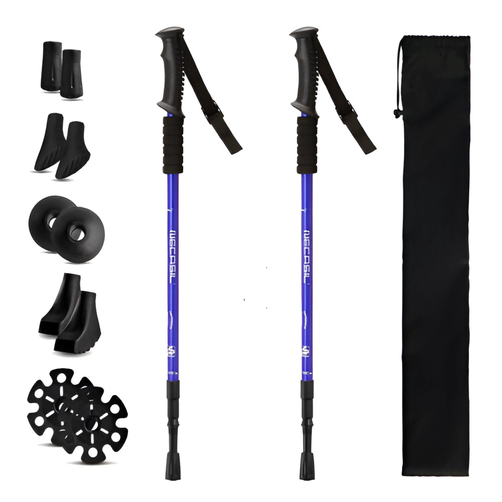 Adjustable Anti-Shock Telescopic Trekking Poles with Ergonomic Grip and Lightweight Design, shown in electric blue color.