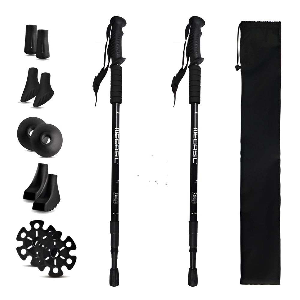 Adjustable anti-shock telescopic trekking poles with ergonomic grips and lightweight design.