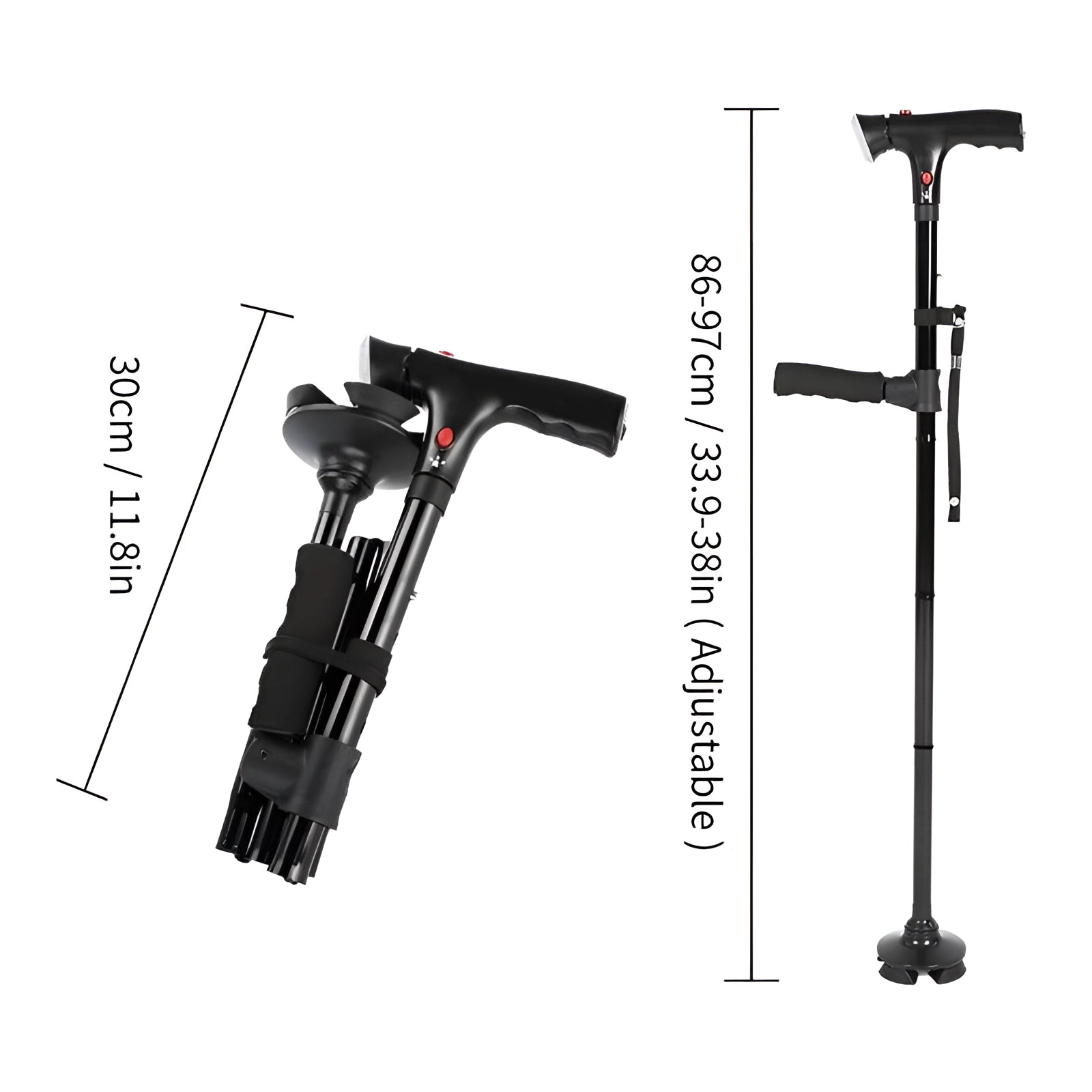 Adjustable ergonomic folding cane, lightweight and portable with a non-slip handle, designed for stability and ease of use.