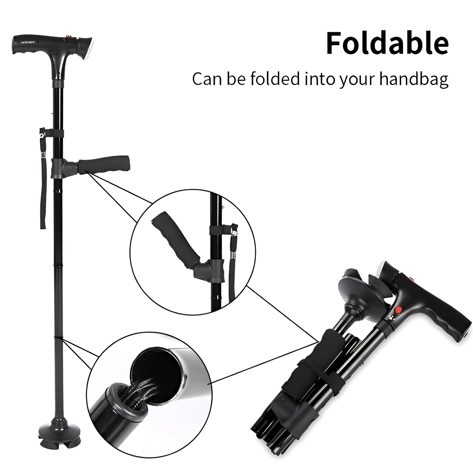 Adjustable ergonomic folding cane, lightweight and portable, with non-slip handle and base.