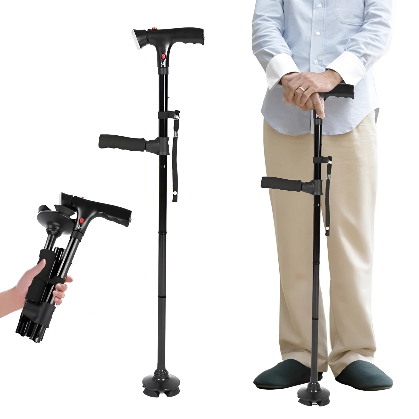 Adjustable ergonomic folding cane with non-slip handle and lightweight design, shown supporting a person's elbow and leg for stability and balance.