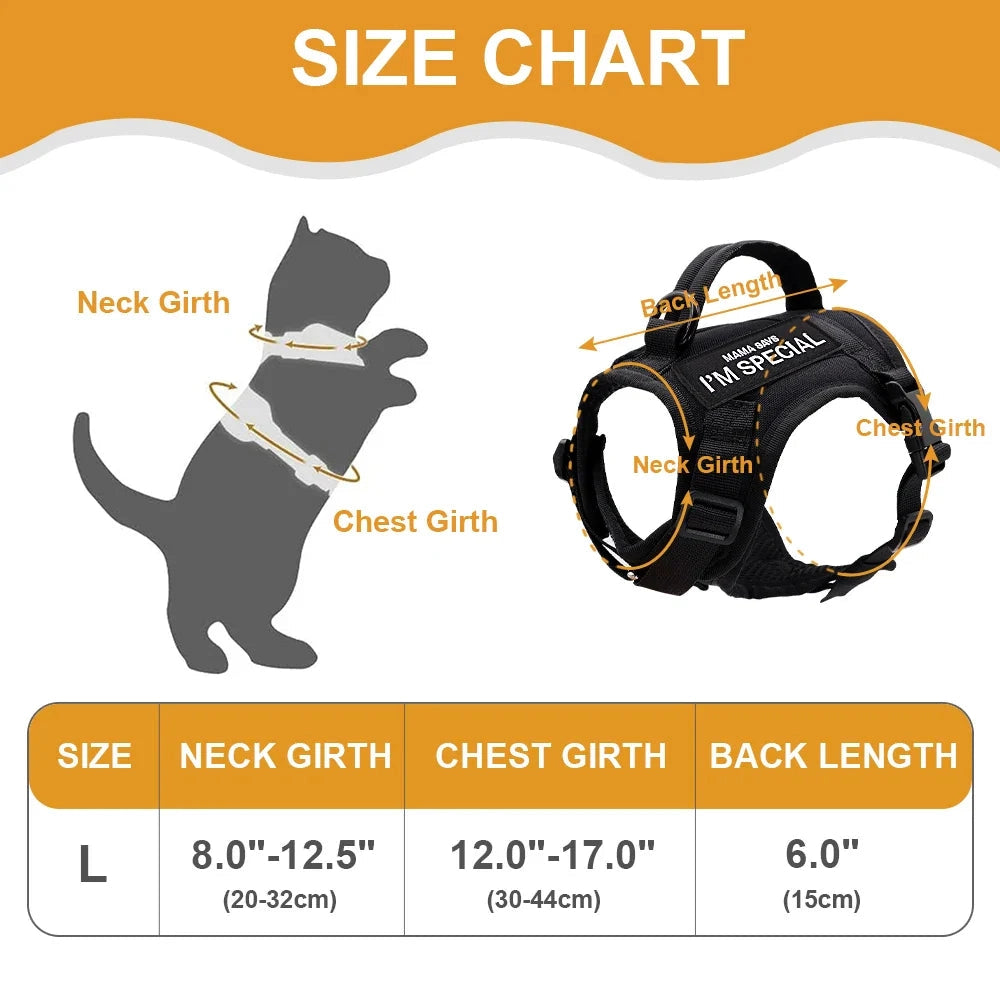 Adjustable escape-proof military-style cat harness with patches, durable and comfortable, displayed on a mannequin with a dark background.