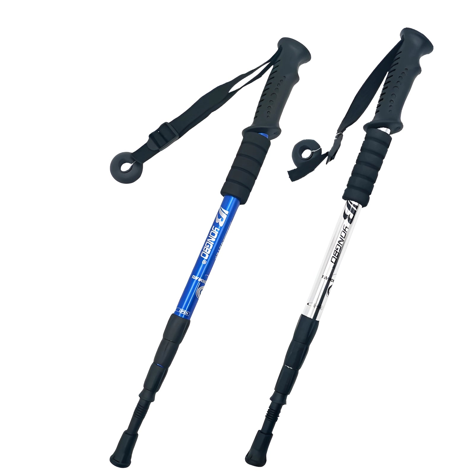 Adjustable lightweight telescopic hiking pole with ergonomic grip and shock-absorbent features, displayed in electric blue color.