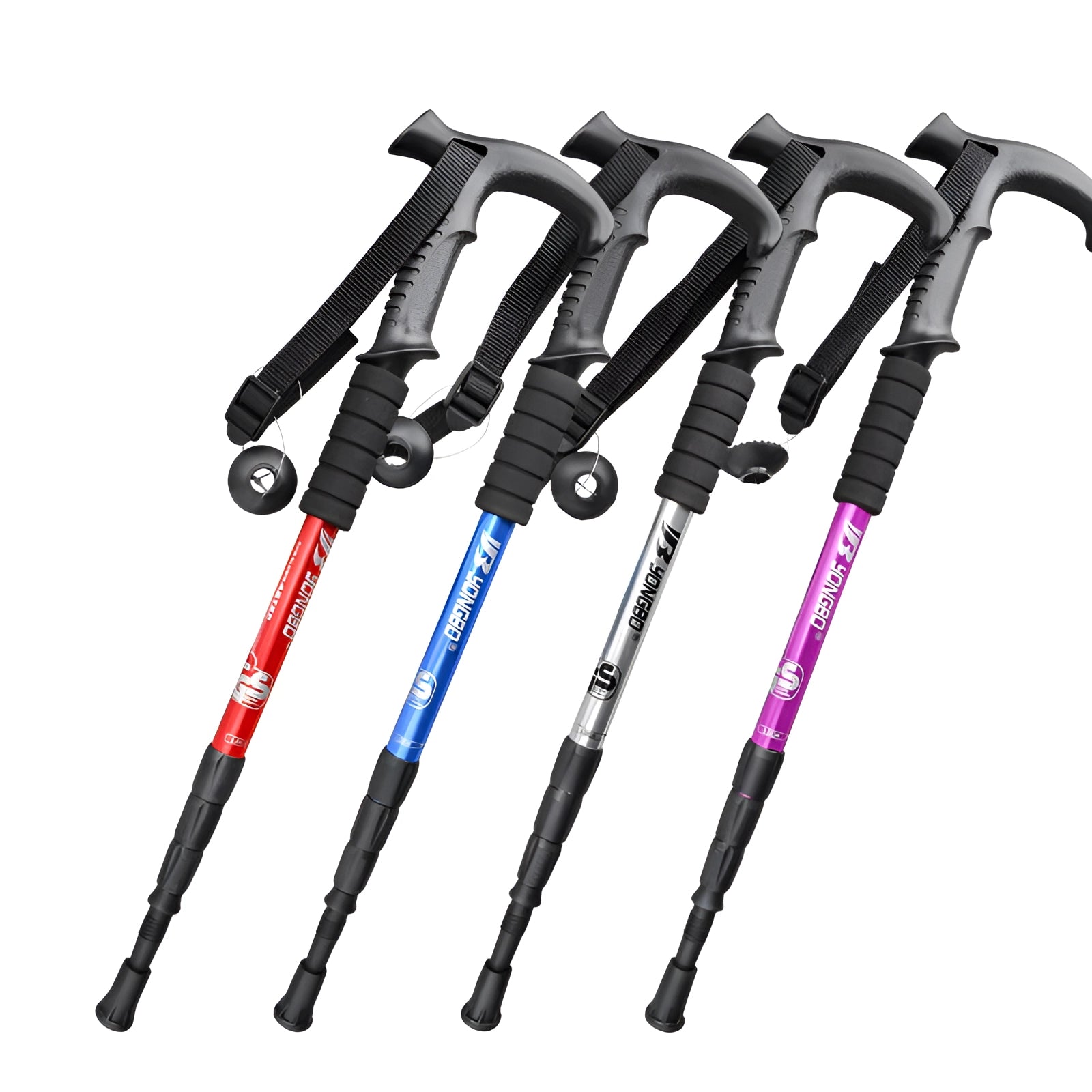 Adjustable shock-absorbing trekking poles in electric blue, lightweight and ergonomic design, collapsible for easy storage.