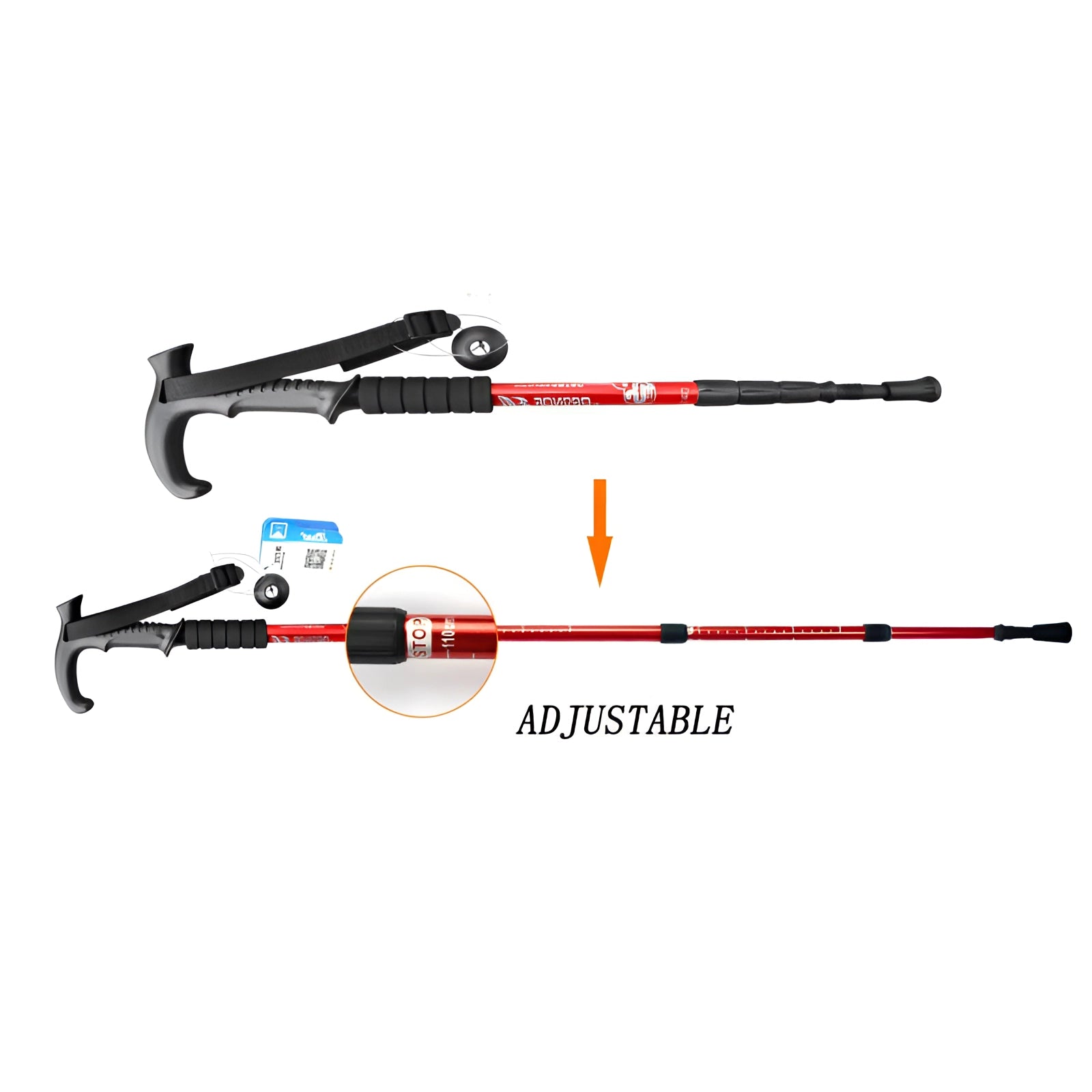 Adjustable shock-absorbing trekking poles with ergonomic handles and collapsible design displayed in a parallel layout.