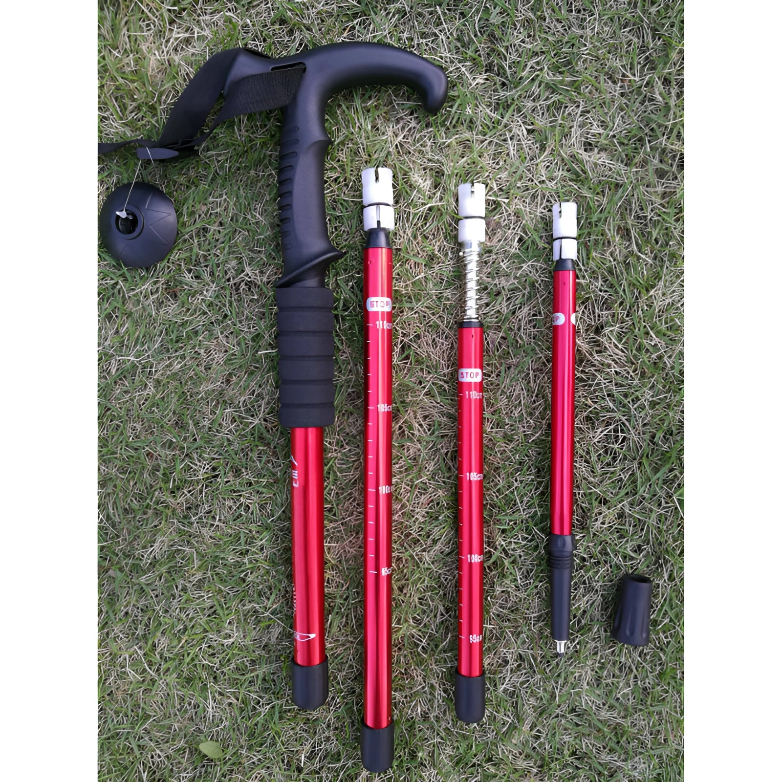 A pair of lightweight, ergonomic, and collapsible adjustable shock-absorbing trekking poles.