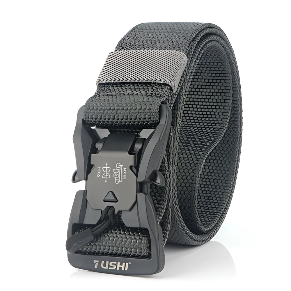 Adjustable tactical belt in gray color, made from durable nylon with a quick-release buckle and designed to support heavyweight loads.