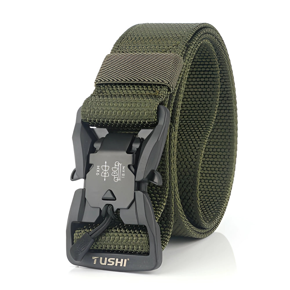 Army green adjustable tactical belt made of durable nylon with a quick-release buckle, suitable for heavyweight load.