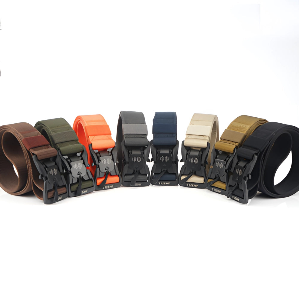 Adjustable tactical belt made of durable nylon with a quick-release buckle, shown coiled and displayed against an off-road tire backdrop.